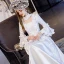 Vintage / Retro Medieval Elegant White Ball Gown Prom Dresses 2021 Long Sleeve Square Neckline Crossed Straps Floor-Length / Long Lace Satin Printing Cosplay Prom Formal Dresses