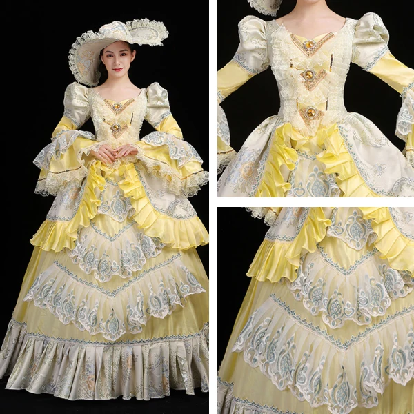Vintage / Retro Medieval Yellow Ball Gown Prom Dresses 2021 Floor-Length / Long U-Neck Long Sleeve Beading Crystal Embroidered Cosplay Prom Formal Dresses