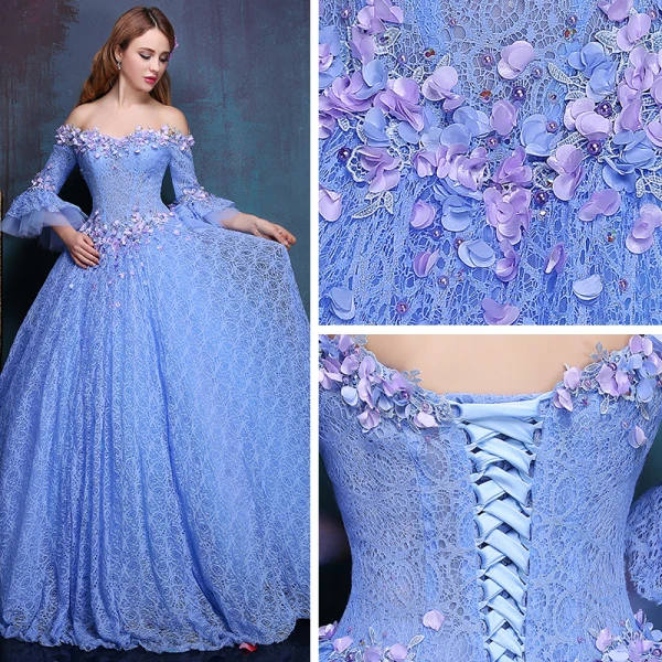 Flower Fairy Ocean Blue Floor-Length / Long Ball Gown Prom Dresses 2018 Tulle Beading Pearl Appliques Backless Formal Dresses