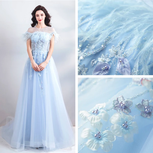 Chic / Beautiful Sky Blue Court Train Evening Dresses 2018 A-Line / Princess U-Neck Tulle Appliques Backless Beading Feather Evening Party Formal Dresses