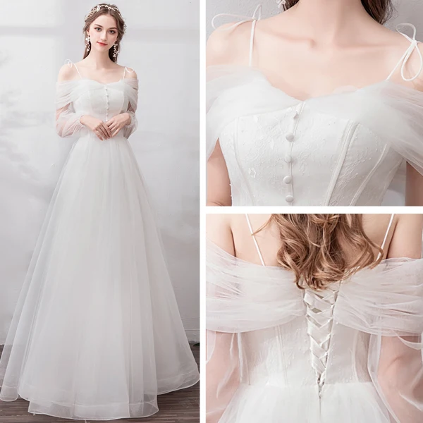 Classic Elegant White Evening Dresses 2019 A-Line / Princess Lace Tulle V-Neck Backless Embroidered Beach Church Formal Dresses
