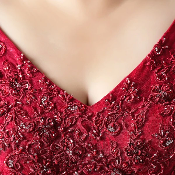 Chic / Beautiful Plus Size Burgundy Evening Dresses 2019 A-Line / Princess Lace Tulle V-Neck Appliques Backless Beading Evening Party Formal Dresses