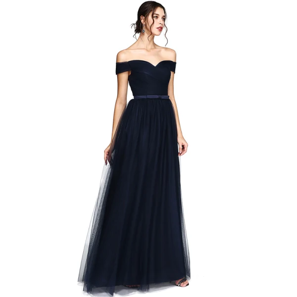 Modest / Simple Navy Blue Evening Dresses 2020 A-Line / Princess Tulle Off-The-Shoulder Floor-Length / Long Sleeveless Puffy Cocktail Party Evening Party Formal Dresses