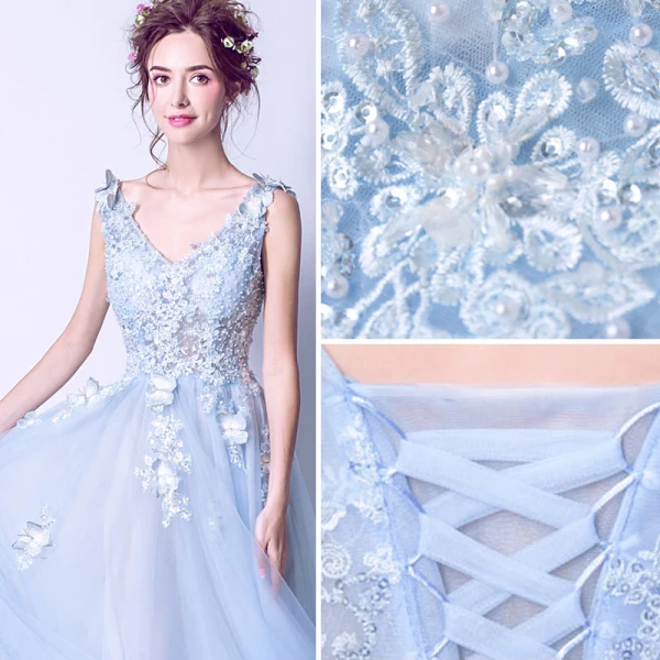Chic / Beautiful Sky Blue Evening Dresses 2017 A-Line / Princess Lace V-Neck Handmade Appliques Backless Beading Embroidered Evening Party Formal Dresses