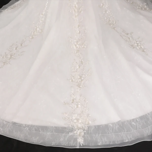 Luxury / Gorgeous Ivory Plus Size Ball Gown Wedding Dresses 2021 Crossed Straps 1/2 Sleeves V-Neck Tulle Satin Lace Handmade Beading Backless Appliques Tassel Cathedral Train Wedding