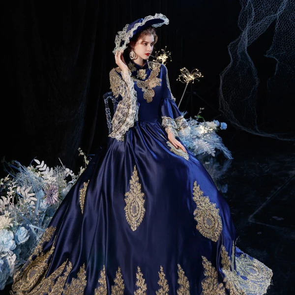Vintage / Retro Medieval Navy Blue Prom Dresses 2021 A-Line / Princess High Neck Zipper Up Long Sleeve Floor-Length / Long 3D Lace Backless Prom Formal Dresses