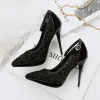 Sparkly Black 2018 High Heels 11 cm Ankle Strap Beading Glitter Sequins Pointed Toe Evening Party Prom Stiletto Heels Womens Shoes