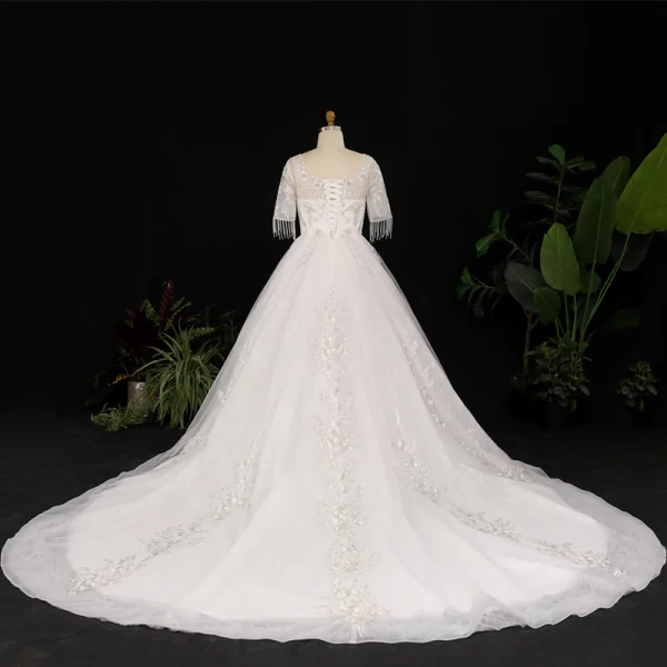 Luxury / Gorgeous Ivory Plus Size Ball Gown Wedding Dresses 2021 Crossed Straps 1/2 Sleeves V-Neck Tulle Satin Lace Handmade Beading Backless Appliques Tassel Cathedral Train Wedding