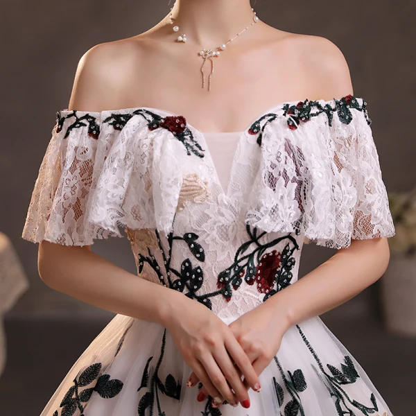 Chic / Beautiful White Rhinestone Lace Flower Prom Dresses 2022 Off-The-Shoulder A-Line / Princess Short Sleeve Backless Floor-Length / Long Formal Dresses