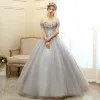 Elegant Grey Prom Dresses 2020 Ball Gown Off-The-Shoulder Short Sleeve Appliques Flower Beading Pearl Floor-Length / Long Ruffle Backless Formal Dresses