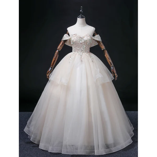 Elegant Blushing Pink Cascading Ruffles Prom Dresses 2022 Ball Gown Scoop Neck Rhinestone Lace Flower Short Sleeve Backless Floor-Length / Long Formal Dresses