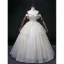 Elegant Blushing Pink Cascading Ruffles Prom Dresses 2022 Ball Gown Scoop Neck Rhinestone Lace Flower Short Sleeve Backless Floor-Length / Long Formal Dresses