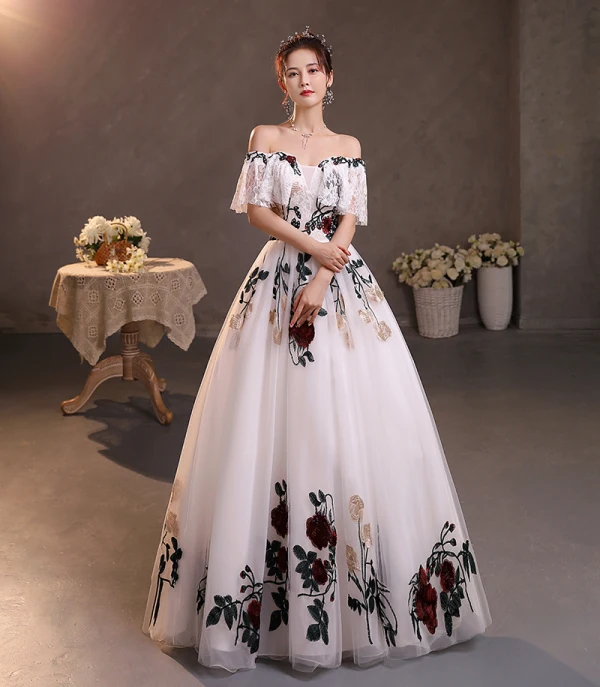 Chic / Beautiful White Rhinestone Lace Flower Prom Dresses 2022 Off-The-Shoulder A-Line / Princess Short Sleeve Backless Floor-Length / Long Formal Dresses