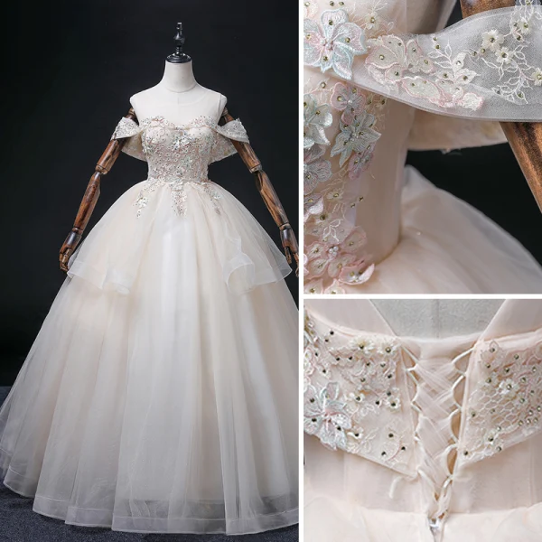 Elegant Blushing Pink Cascading Ruffles Prom Dresses 2022 Ball Gown Scoop Neck Rhinestone Lace Flower Short Sleeve Backless Floor-Length / Long Formal Dresses