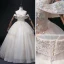 Elegant Blushing Pink Cascading Ruffles Prom Dresses 2022 Ball Gown Scoop Neck Rhinestone Lace Flower Short Sleeve Backless Floor-Length / Long Formal Dresses
