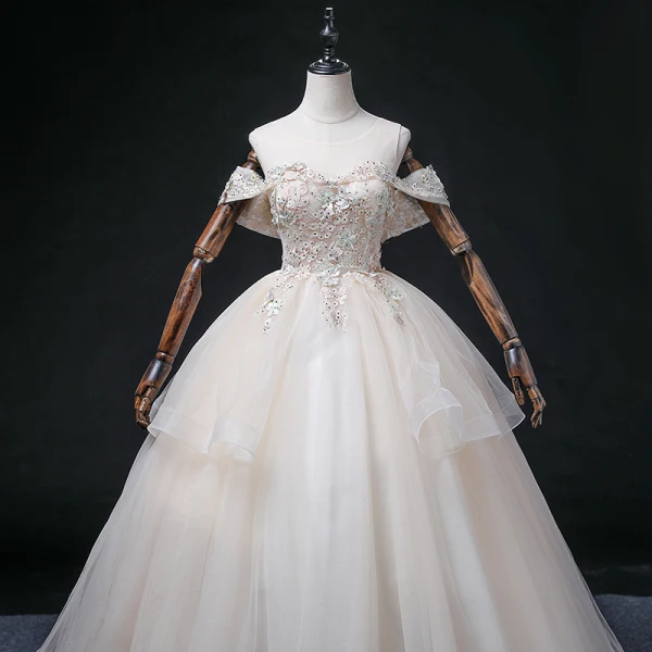 Elegant Blushing Pink Cascading Ruffles Prom Dresses 2022 Ball Gown Scoop Neck Rhinestone Lace Flower Short Sleeve Backless Floor-Length / Long Formal Dresses