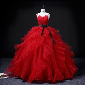 Charming Red Cascading Ruffles Prom Dresses 2022 Ball Gown Spaghetti Straps Sleeveless Sash Bow Backless Floor Length Long Prom Formal Dresses