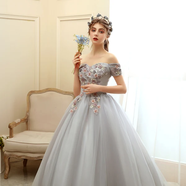 Elegante Grau Ballkleider 2020 Ballkleid Off Shoulder Kurze Ärmel Applikationen Blumen Perlenstickerei Perle Lange Rüschen Rückenfreies Festliche Kleider