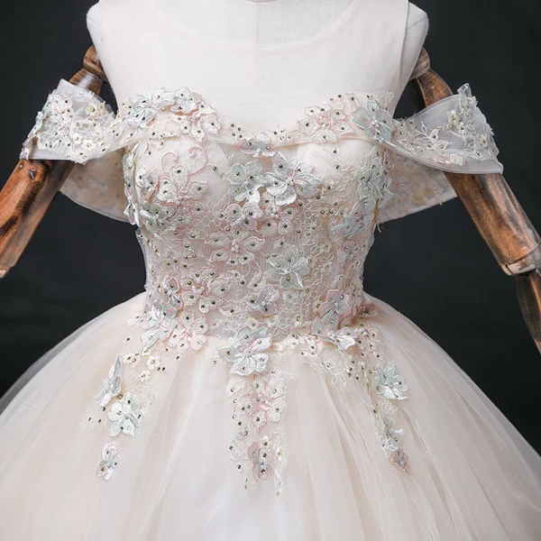 Elegant Blushing Pink Cascading Ruffles Prom Dresses 2022 Ball Gown Scoop Neck Rhinestone Lace Flower Short Sleeve Backless Floor-Length / Long Formal Dresses