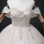 Elegant Blushing Pink Cascading Ruffles Prom Dresses 2022 Ball Gown Scoop Neck Rhinestone Lace Flower Short Sleeve Backless Floor-Length / Long Formal Dresses