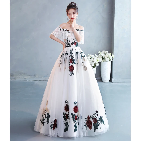 Chic / Beautiful White Rhinestone Lace Flower Prom Dresses 2022 Off-The-Shoulder A-Line / Princess Short Sleeve Backless Floor-Length / Long Formal Dresses