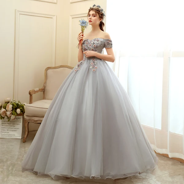 Elegante Grau Ballkleider 2020 Ballkleid Off Shoulder Kurze Ärmel Applikationen Blumen Perlenstickerei Perle Lange Rüschen Rückenfreies Festliche Kleider