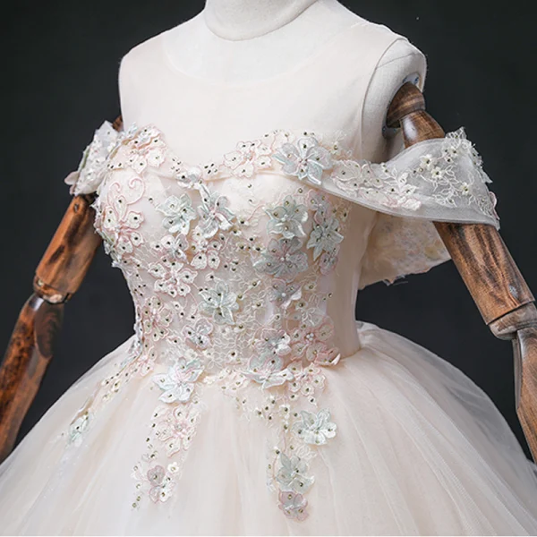 Elegant Blushing Pink Cascading Ruffles Prom Dresses 2022 Ball Gown Scoop Neck Rhinestone Lace Flower Short Sleeve Backless Floor-Length / Long Formal Dresses