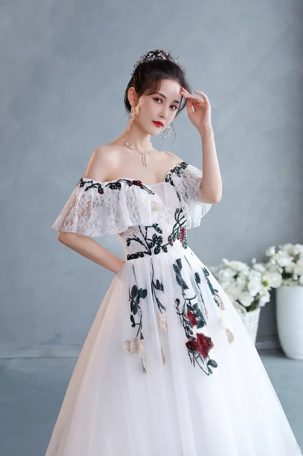 Chic / Beautiful White Rhinestone Lace Flower Prom Dresses 2022 Off-The-Shoulder A-Line / Princess Short Sleeve Backless Floor-Length / Long Formal Dresses