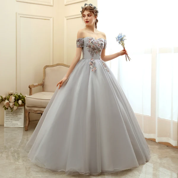Elegante Grau Ballkleider 2020 Ballkleid Off Shoulder Kurze Ärmel Applikationen Blumen Perlenstickerei Perle Lange Rüschen Rückenfreies Festliche Kleider