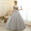 Elegante Grau Ballkleider 2020 Ballkleid Off Shoulder Kurze Ärmel Applikationen Blumen Perlenstickerei Perle Lange Rüschen Rückenfreies Festliche Kleider