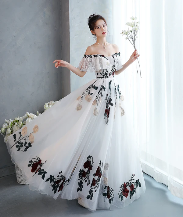 Chic / Beautiful White Rhinestone Lace Flower Prom Dresses 2022 Off-The-Shoulder A-Line / Princess Short Sleeve Backless Floor-Length / Long Formal Dresses