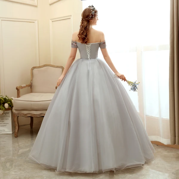 Elegante Grau Ballkleider 2020 Ballkleid Off Shoulder Kurze Ärmel Applikationen Blumen Perlenstickerei Perle Lange Rüschen Rückenfreies Festliche Kleider