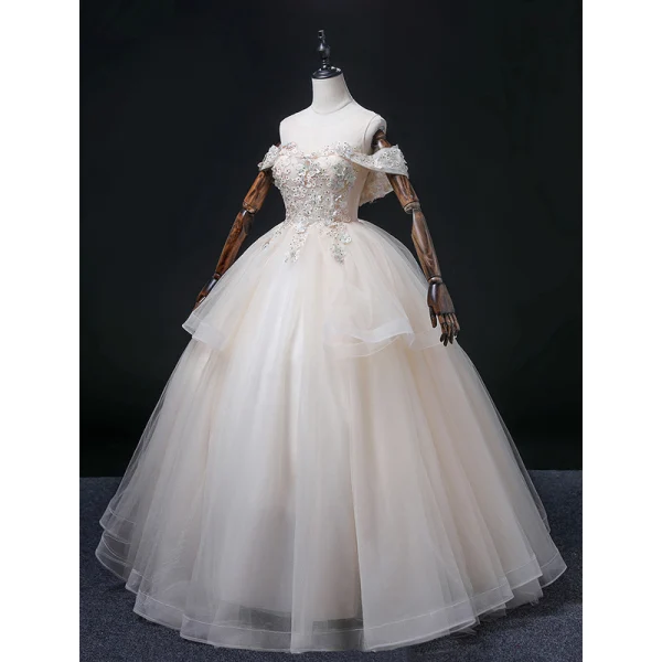 Elegant Blushing Pink Cascading Ruffles Prom Dresses 2022 Ball Gown Scoop Neck Rhinestone Lace Flower Short Sleeve Backless Floor-Length / Long Formal Dresses