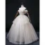 Elegant Blushing Pink Cascading Ruffles Prom Dresses 2022 Ball Gown Scoop Neck Rhinestone Lace Flower Short Sleeve Backless Floor-Length / Long Formal Dresses
