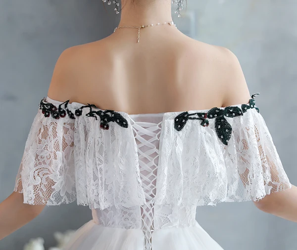 Chic / Beautiful White Rhinestone Lace Flower Prom Dresses 2022 Off-The-Shoulder A-Line / Princess Short Sleeve Backless Floor-Length / Long Formal Dresses