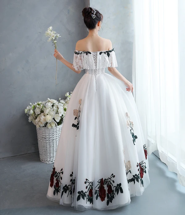 Chic / Beautiful White Rhinestone Lace Flower Prom Dresses 2022 Off-The-Shoulder A-Line / Princess Short Sleeve Backless Floor-Length / Long Formal Dresses