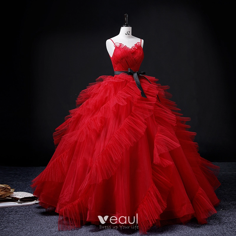Charming Red Cascading Ruffles Prom Dresses 2022 Ball Gown Spaghetti Straps Sleeveless Sash Bow Backless Floor Length Long Prom Formal Dresses