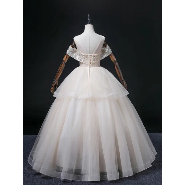 Elegant Blushing Pink Cascading Ruffles Prom Dresses 2022 Ball Gown Scoop Neck Rhinestone Lace Flower Short Sleeve Backless Floor-Length / Long Formal Dresses