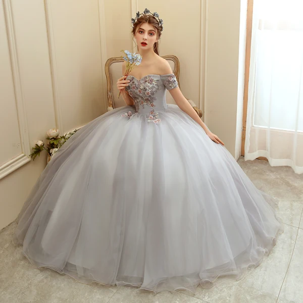 Elegante Grau Ballkleider 2020 Ballkleid Off Shoulder Kurze Ärmel Applikationen Blumen Perlenstickerei Perle Lange Rüschen Rückenfreies Festliche Kleider