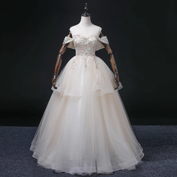 Elegant Blushing Pink Cascading Ruffles Prom Dresses 2022 Ball Gown Scoop Neck Rhinestone Lace Flower Short Sleeve Backless Floor-Length / Long Formal Dresses