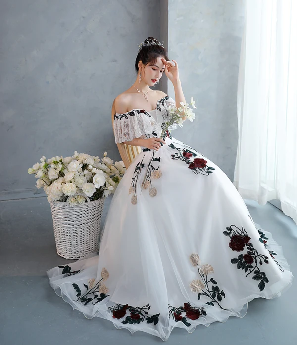Chic / Beautiful White Rhinestone Lace Flower Prom Dresses 2022 Off-The-Shoulder A-Line / Princess Short Sleeve Backless Floor-Length / Long Formal Dresses