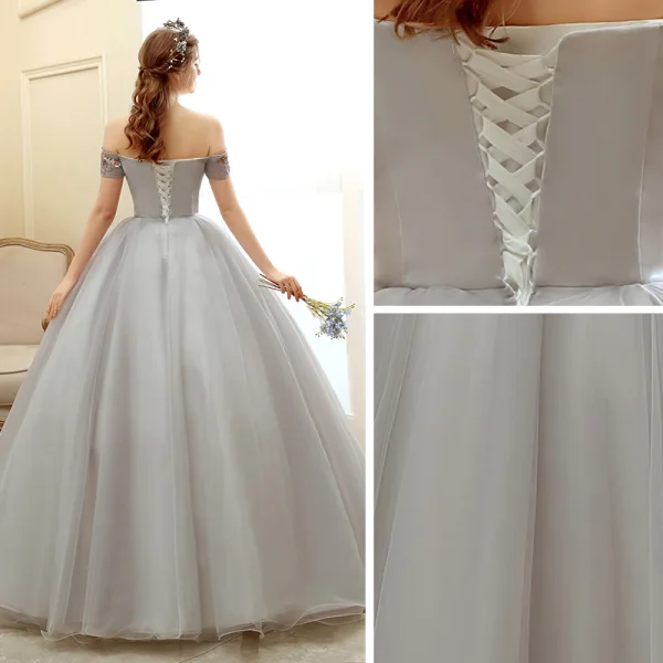 Elegante Grau Ballkleider 2020 Ballkleid Off Shoulder Kurze Ärmel Applikationen Blumen Perlenstickerei Perle Lange Rüschen Rückenfreies Festliche Kleider