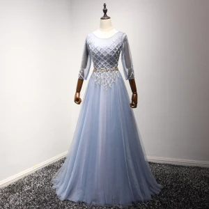 Fine Himmelen Blå Selskapskjoler 2017 Prinsesse Scoop Halsen 3 4 Ermer Beading Krystall Rhinestone Metall Sash Lange Buste Ryggløse Formelle Kjoler