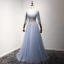 Chic / Belle Bleu Ciel Robe De Soirée 2017 Princesse Encolure Dégagée 3/4 Manches Perlage Cristal Faux Diamant Métal Ceinture Longue Volants Dos Nu Robe De Ceremonie