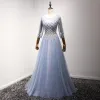 Chic / Beautiful Sky Blue Evening Dresses  2017 A-Line / Princess Scoop Neck 3/4 Sleeve Beading Crystal Rhinestone Metal Sash Floor-Length / Long Ruffle Backless Formal Dresses