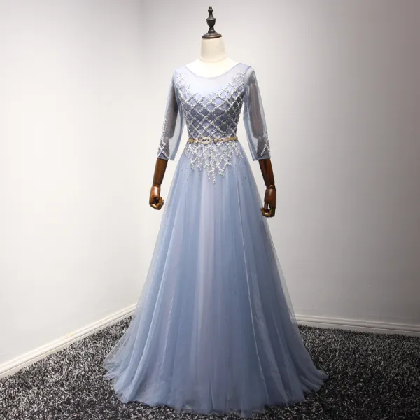 Chic / Beautiful Sky Blue Evening Dresses  2017 A-Line / Princess Scoop Neck 3/4 Sleeve Beading Crystal Rhinestone Metal Sash Floor-Length / Long Ruffle Backless Formal Dresses