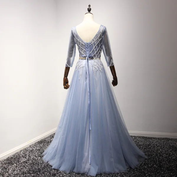 Chic / Belle Bleu Ciel Robe De Soirée 2017 Princesse Encolure Dégagée 3/4 Manches Perlage Cristal Faux Diamant Métal Ceinture Longue Volants Dos Nu Robe De Ceremonie