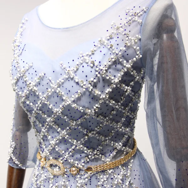 Chic / Belle Bleu Ciel Robe De Soirée 2017 Princesse Encolure Dégagée 3/4 Manches Perlage Cristal Faux Diamant Métal Ceinture Longue Volants Dos Nu Robe De Ceremonie