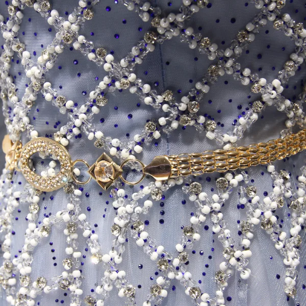 Chic / Belle Bleu Ciel Robe De Soirée 2017 Princesse Encolure Dégagée 3/4 Manches Perlage Cristal Faux Diamant Métal Ceinture Longue Volants Dos Nu Robe De Ceremonie