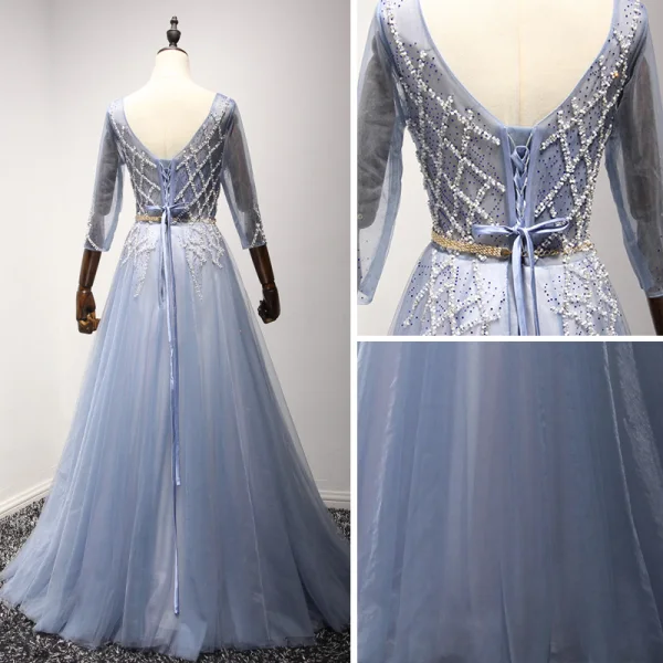 Chic / Belle Bleu Ciel Robe De Soirée 2017 Princesse Encolure Dégagée 3/4 Manches Perlage Cristal Faux Diamant Métal Ceinture Longue Volants Dos Nu Robe De Ceremonie